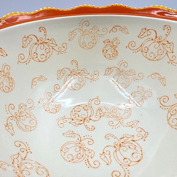 Tara Temptations Pumpkin Floral Lace Serving Bowl w Lid Ovenware Orange 3 quart - Picture 5 of 15
